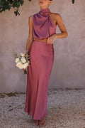 Satin Elegance: Women’S Two-Piece Sleeveless Long Skirt Set