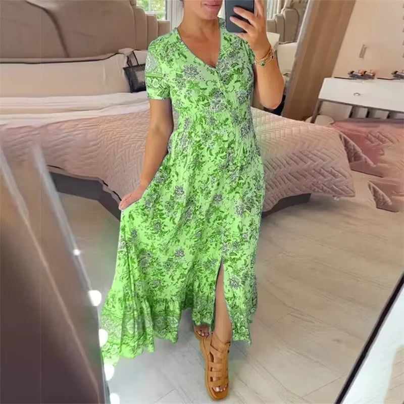 Floral Allure: Elegant Women’S Flower Print Deep V-Neck Dress